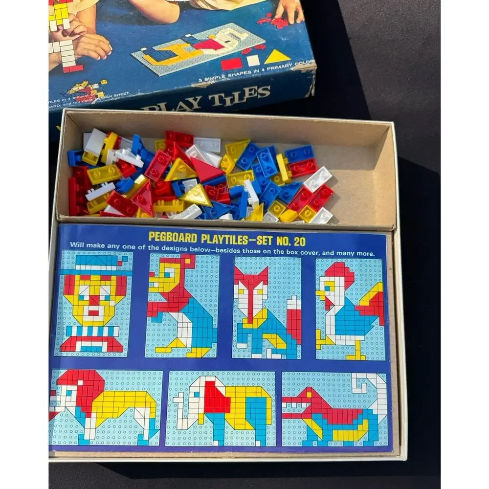 Vintage Halsam Play Tiles Plastic Peg Board Colored Pieces Picture Guide Box